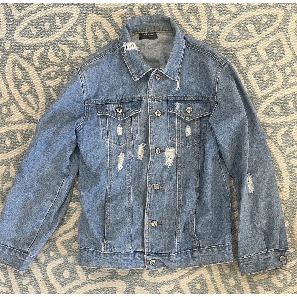 Judy Bridal Blue Jean Jacket Denim Distressed Light Wash‎ Button Down Women's M